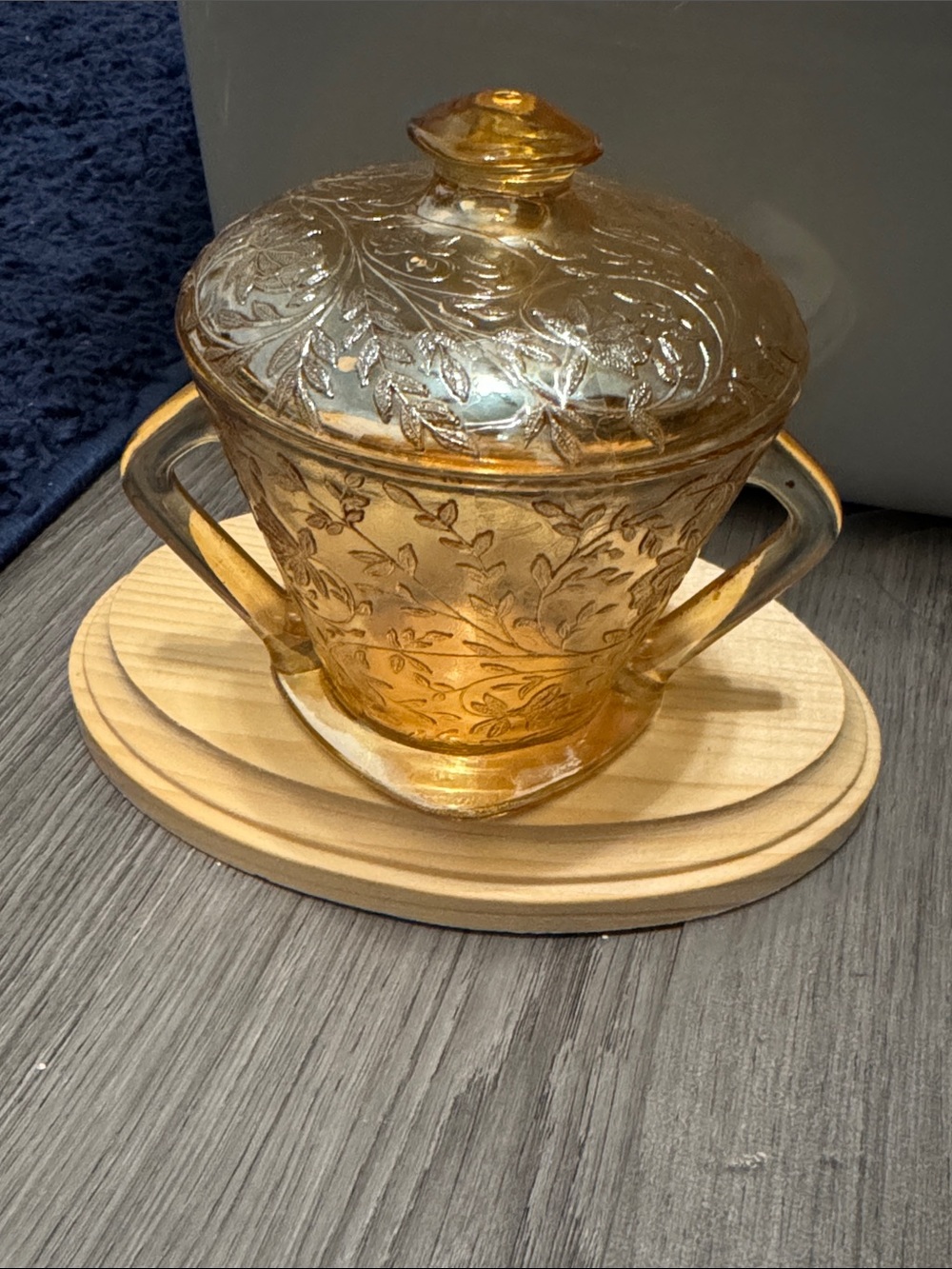 Amber Pressed Glass Covered Sugar Bowl with Floral Embossing